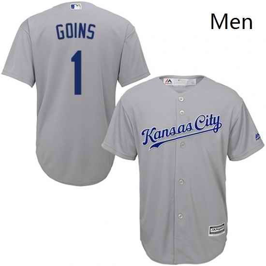 Mens Majestic Kansas City Royals 1 Ryan Goins Replica Grey Road Cool Base MLB Jersey
